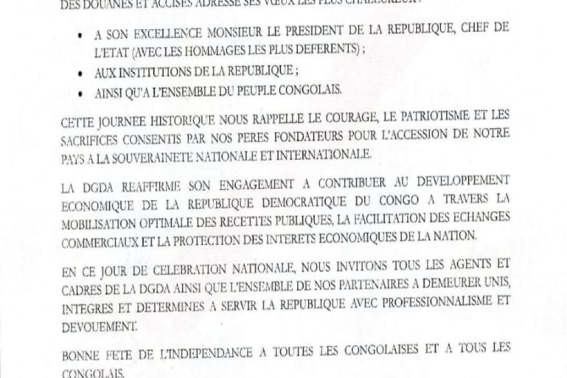 Message de vœux de la DGDA à l’occasion de la célébration du 66ème anniversaire de l’indépendance du 30 juin 2026
